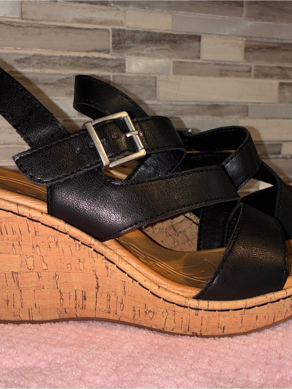 Women's Black Strappy Cork Wedge Sandals with Buckle